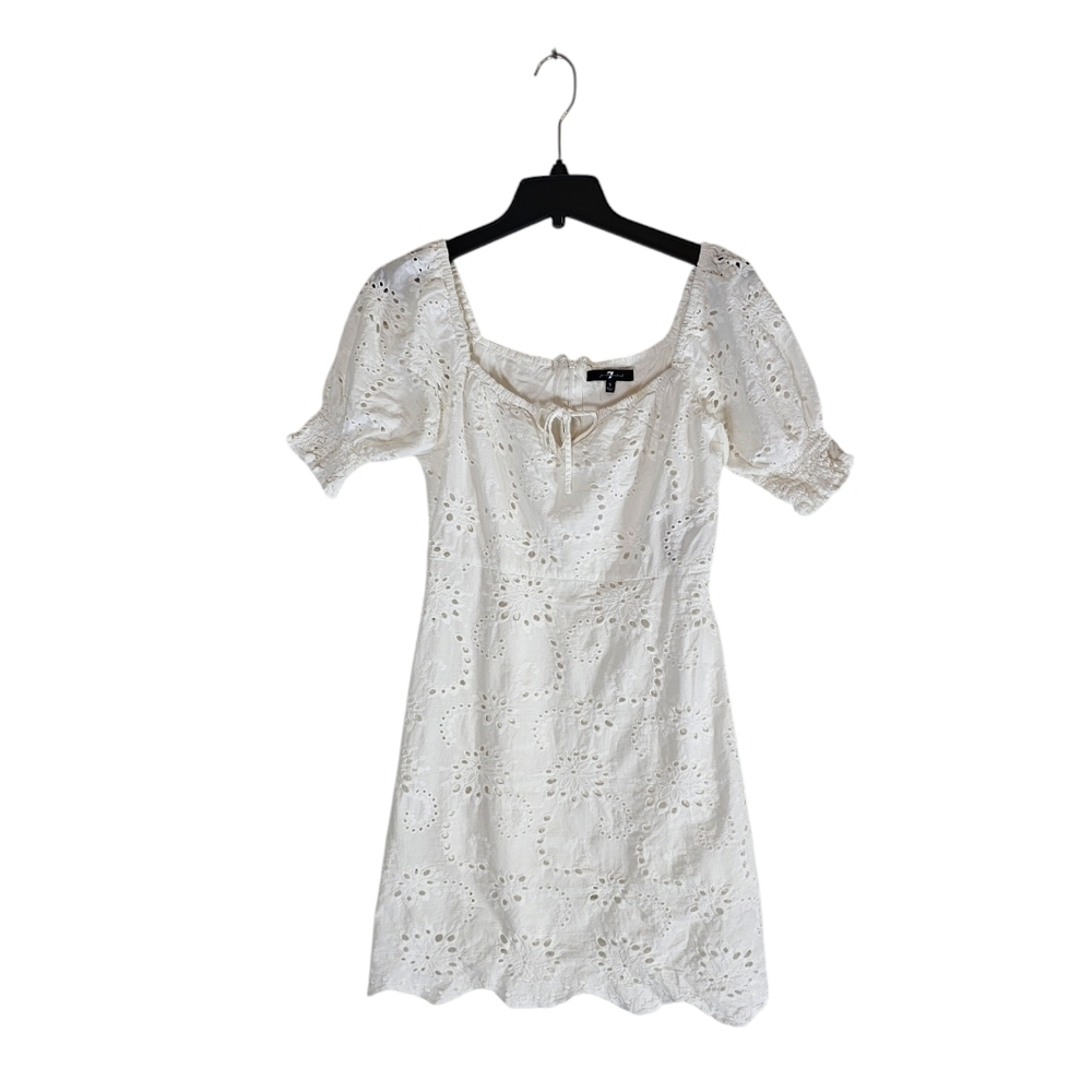 7 For All Mankind White Eyelet Boho‎ Cottagecore Puff Sleeve Mini Dress S - Picture 6 of 9